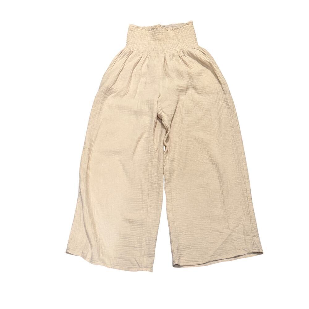 Miou Muse Gauze Wide Leg Cropped Pants Cream Smocked High Rise Cotton Small